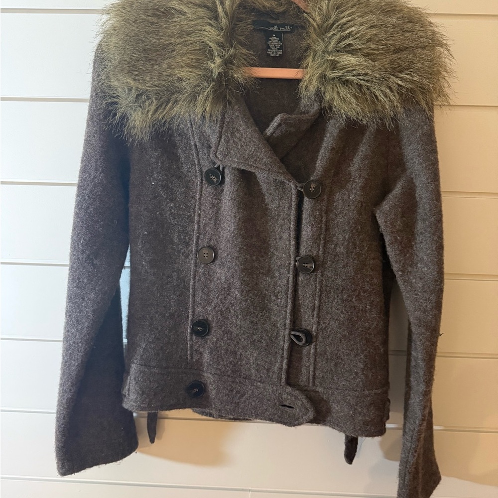 Willi Smith Brown Pea Coat with Faux Fur Collar